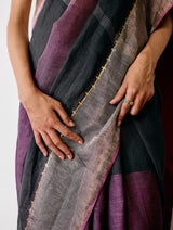 Afra Metallic Handloom Linen Saree - Metallic Charcoal