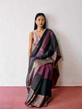 Afra Metallic Handloom Linen Saree - Metallic Charcoal