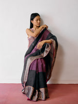 Afra Metallic Handloom Linen Saree - Metallic Charcoal