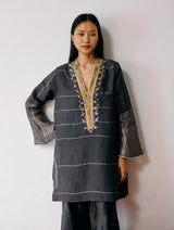 Naar Hand-Embroidered Metallic Kurta - Charcoal