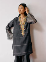 Naar Hand-Embroidered Metallic Kurta - Charcoal