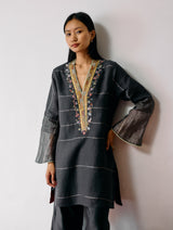Naar Hand-Embroidered Metallic Kurta Set - Charcoal