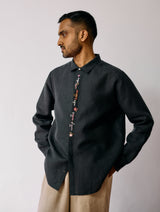 Ved Hand-Embroidered Bird Shirt - Charcoal