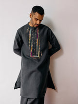 Keta Hand-Embroidered Linen Kurta Set - Charcoal
