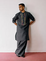 Keta Hand-Embroidered Linen Kurta - Charcoal