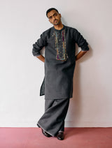 Keta Hand-Embroidered Linen Kurta - Charcoal