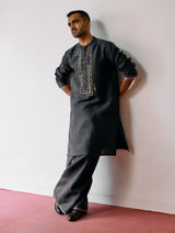 Keta Hand-Embroidered Linen Kurta Set - Charcoal