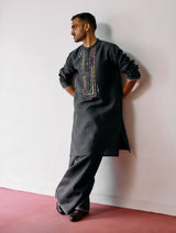 Keta Hand-Embroidered Linen Kurta Set - Charcoal