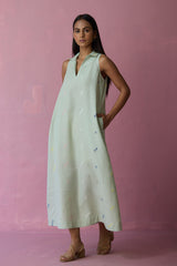 Cara Collared Jamdani Linen Dress - Aqua