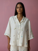 Imri Cuban Collar Jamdani Linen Shirt - Ivory