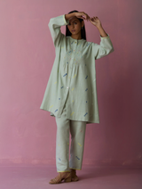 Dima Jamdani Linen Pintuck Co-ord Set - Aqua