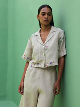 Kiera Cuban Collar Botanical Linen Shirt - Natural