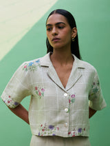 Kiera Cuban Collar Botanical Linen Shirt - Natural
