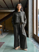 Nako Crop Linen Co-ord Set - Olive Charcoal