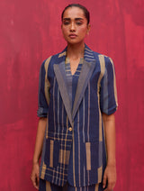 Ayla Check Linen Dress with Blazer - Navy