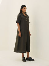 Aster Thick Linen Dress - Olive Charcoal