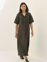 Aster Thick Linen Dress - Olive Charcoal