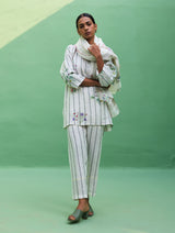 Maho Botanical Stripe Linen Kurta Set - Ivory