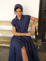 Nika Pleated Linen Wrap Dress - Indigo