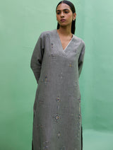 Rena Hand-Embroidered Linen Kurta Set - Grey