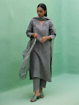 Rena Hand-Embroidered Linen Kurta Set - Grey