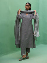 Rena Hand-Embroidered Linen Kurta Set - Grey
