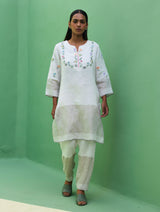 Celia Hand-Embroidered Metallic Linen Kurta - Ivory