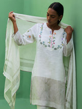 Celia Hand-Embroidered Metallic Linen Kurta - Ivory
