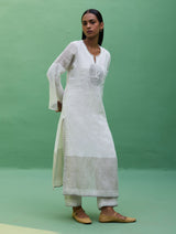 Susie Gotapatti Linen Kurta - Metallic Ivory