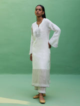 Susie Gotapatti Linen Kurta - Metallic Ivory
