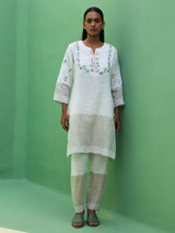 Celia Hand-Embroidered Metallic Linen Kurta - Ivory