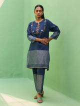 Celia Hand-Embroidered Metallic Linen Kurta - Navy