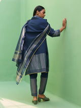 Celia Metallic Linen Hand-Embroidered Kurta Set - Navy