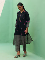 Emile Hand-Embroidered Metallic Linen Kurta - Black