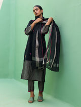 Emile Metallic Linen Hand-Embroidered Kurta Set - Black