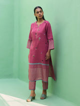 Emile Hand-Embroidered Metallic Linen Kurta - Crimson