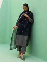 Emile Metallic Linen Hand-Embroidered Kurta Set - Black