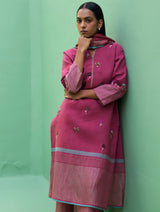 Emile Hand-Embroidered Metallic Linen Kurta - Crimson