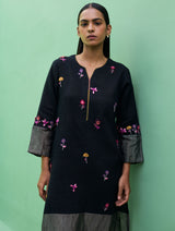 Emile Hand-Embroidered Metallic Linen Kurta - Black