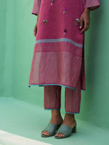 Emile Metallic Linen Hand-Embroidered Kurta Set - Crimson