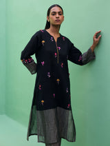 Emile Metallic Linen Hand-Embroidered Kurta Set - Black