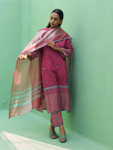 Emile Metallic Linen Hand-Embroidered Kurta Set - Crimson