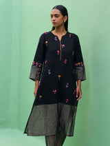 Emile Hand-Embroidered Metallic Linen Kurta - Black