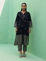 Emile Hand-Embroidered Metallic Linen Kurta - Black