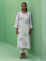 Sakura Botanical Stripe Linen Kurta - Ivory