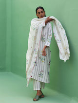 Sakura Botanical Stripe Linen Kurta Set - Ivory