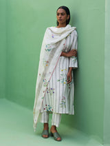 Sakura Botanical Stripe Linen Kurta Set - Ivory
