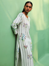 Sakura Botanical Stripe Linen Kurta - Ivory