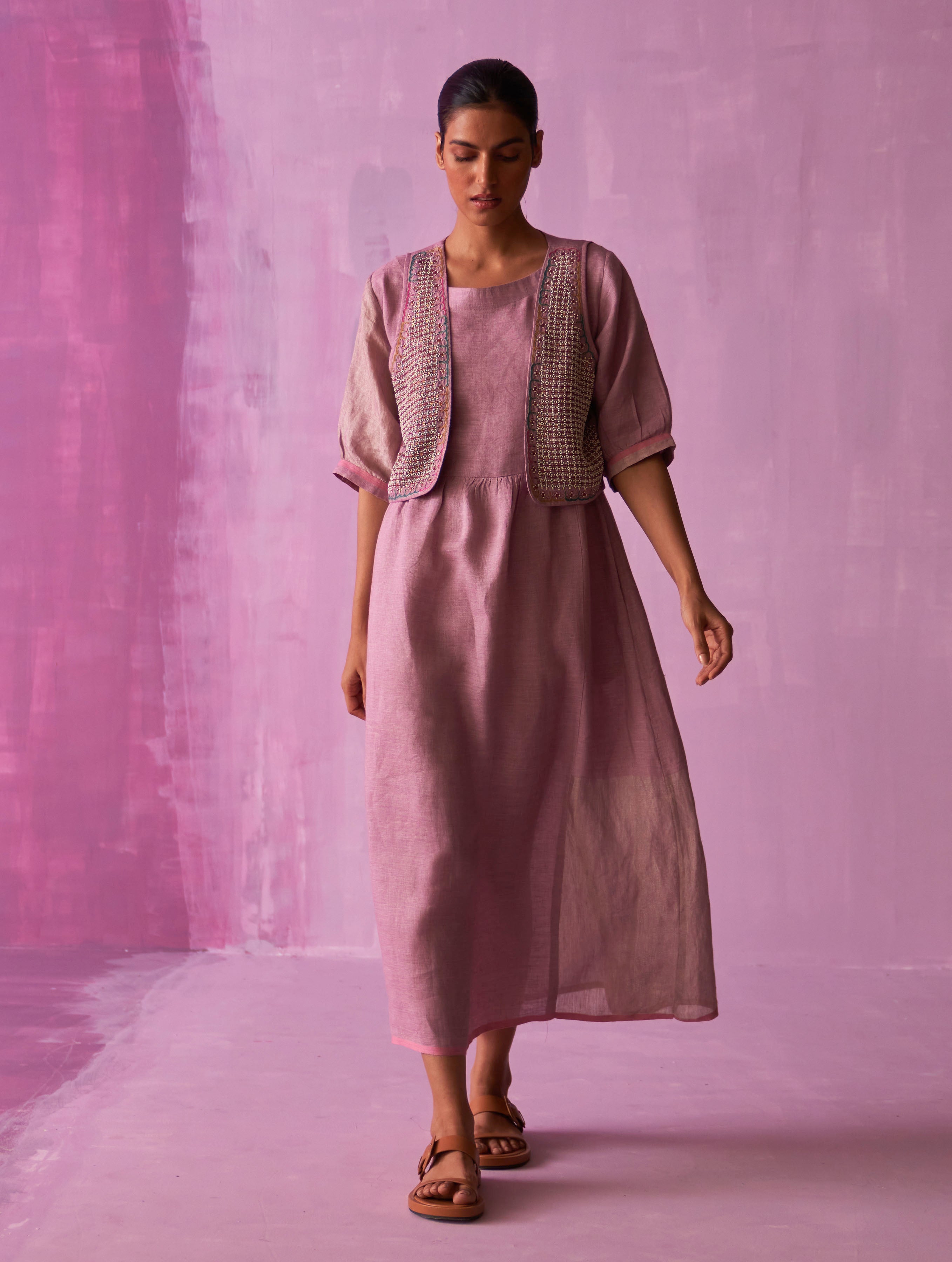 Liana Mud Pink Kurta Cum Dress With Hand Embroidery