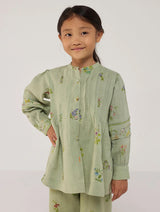 Akavi Pleated Floral Linen Shirt - Mint